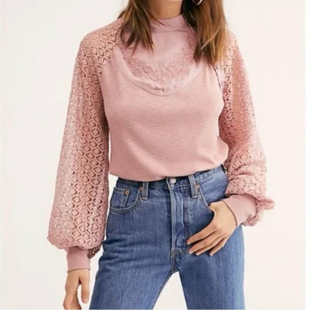 Free People Sweetest Thing Lace‎ Sleeve Thermal Boho Top In Dusty Rose M Flaw
